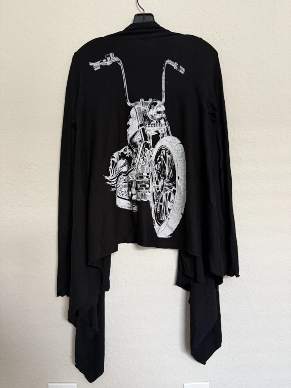 Lauren Moshi Black Motorcycle Graphic Open Front Draped Cardigan Size S Biker